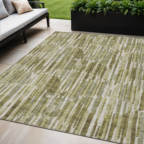 5' X 8' Olive Green Brown And Beige Abstract Washable Indoor Outdoor Area Rug