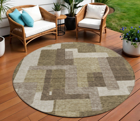 8' Brown And Beige Round Abstract Washable Indoor Outdoor Area Rug