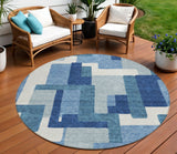 8' Navy Blue And Sky Blue Round Abstract Washable Indoor Outdoor Area Rug