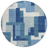 8' Navy Blue And Sky Blue Round Abstract Washable Indoor Outdoor Area Rug