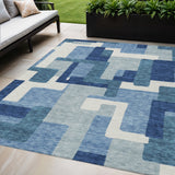 8' X 10' Navy Blue And Sky Blue Abstract Washable Indoor Outdoor Area Rug