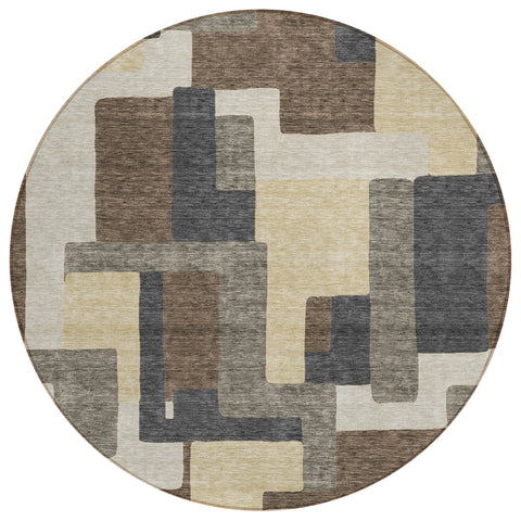 8' Brown And Taupe Round Abstract Washable Indoor Outdoor Area Rug