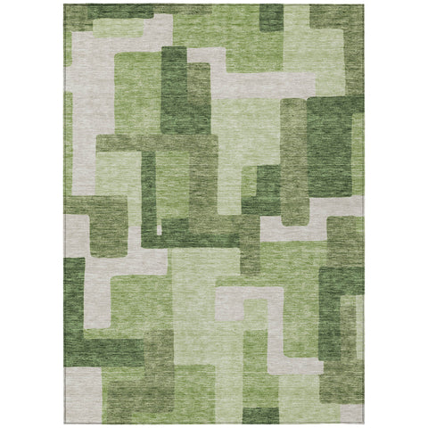 5' X 8' Artichoke Green And Ivory Abstract Washable Indoor Outdoor Area Rug