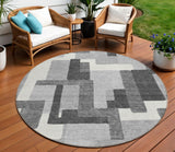 8' Gray Charcoal And Silver Round Abstract Washable Indoor Outdoor Area Rug