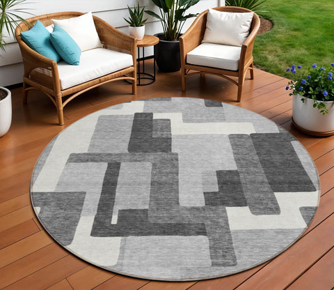 8' Gray Charcoal And Silver Round Abstract Washable Indoor Outdoor Area Rug