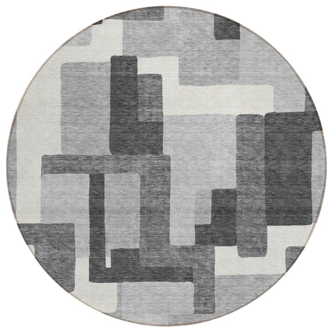8' Gray Charcoal And Silver Round Abstract Washable Indoor Outdoor Area Rug