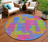 8' Purple Pink And Blue Round Abstract Washable Indoor Outdoor Area Rug
