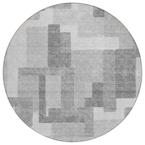 8' Silver And Charcoal Round Abstract Washable Indoor Outdoor Area Rug