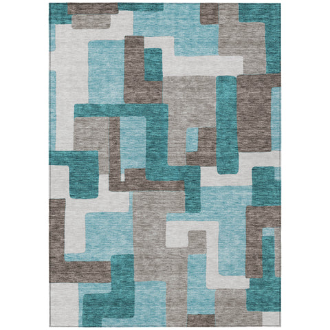 3' X 5' Teal Blue Aqua And Beige Abstract Washable Indoor Outdoor Area Rug