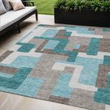 5' X 8' Teal Blue Aqua And Beige Abstract Washable Indoor Outdoor Area Rug