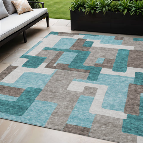 5' X 8' Teal Blue Aqua And Beige Abstract Washable Indoor Outdoor Area Rug
