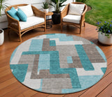 8' Teal Blue Aqua And Beige Round Abstract Washable Indoor Outdoor Area Rug