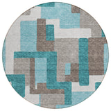 8' Teal Blue Aqua And Beige Round Abstract Washable Indoor Outdoor Area Rug