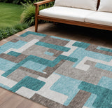 8' X 10' Teal Blue Aqua And Beige Abstract Washable Indoor Outdoor Area Rug