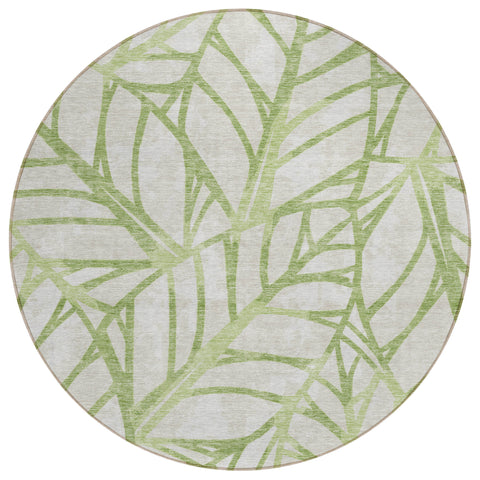 8' Artichoke Green And Beige Round Floral Washable Indoor Outdoor Area Rug