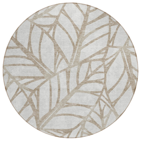 8' Beige And Brown Round Floral Washable Indoor Outdoor Area Rug