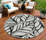 8' Black Gray And Beige Round Floral Washable Indoor Outdoor Area Rug