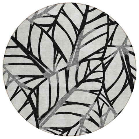 8' Black Gray And Beige Round Floral Washable Indoor Outdoor Area Rug