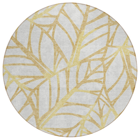8' Gold And Beige Round Floral Washable Indoor Outdoor Area Rug
