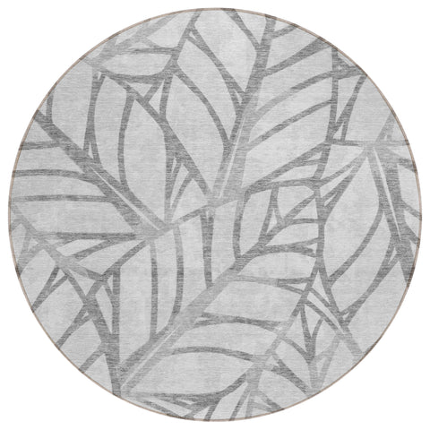8' Gray And Silver Round Floral Washable Indoor Outdoor Area Rug