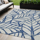 5' X 8' Navy Blue And Beige Floral Washable Indoor Outdoor Area Rug