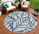 8' Navy Blue And Beige Round Floral Washable Indoor Outdoor Area Rug