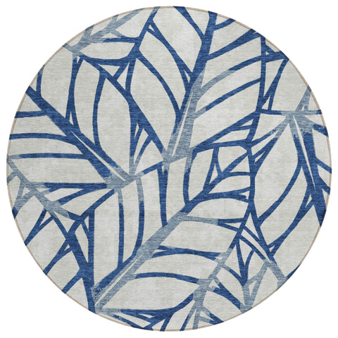 8' Navy Blue And Beige Round Floral Washable Indoor Outdoor Area Rug