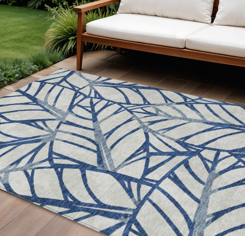 8' X 10' Navy Blue And Beige Floral Washable Indoor Outdoor Area Rug