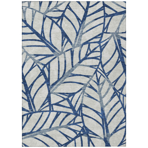 8' X 10' Navy Blue And Beige Floral Washable Indoor Outdoor Area Rug