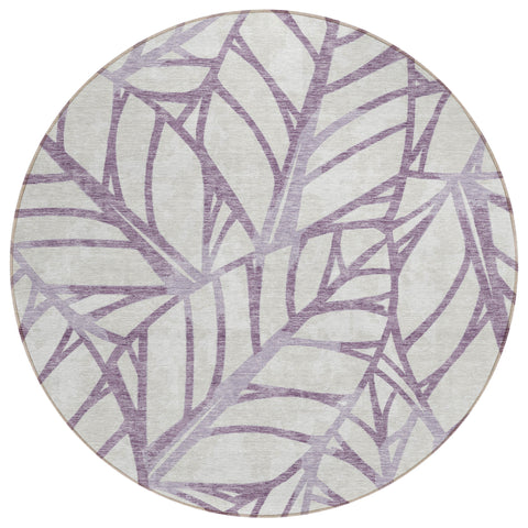 8' Purple Lavender And Beige Round Floral Washable Indoor Outdoor Area Rug