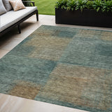 3' X 5' Teal Blue Brown And Taupe Abstract Washable Indoor Outdoor Area Rug