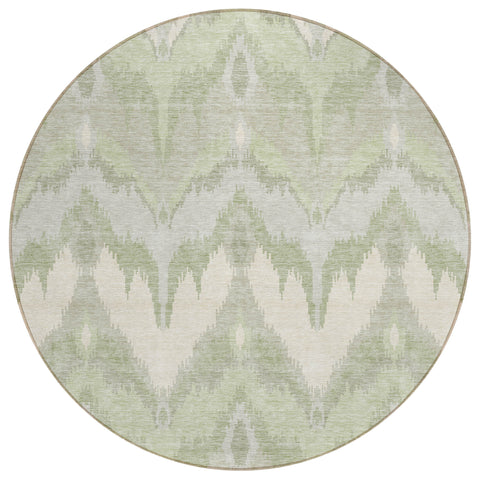 8' Artichoke Green And Beige Round Ikat Washable Indoor Outdoor Area Rug