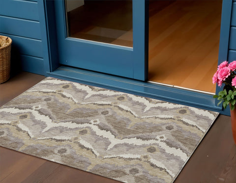 3' X 5' Beige Chocolate And Taupe Ikat Washable Indoor Outdoor Area Rug