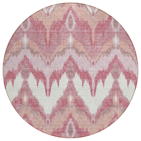 8' Blush Mauve And Ivory Round Ikat Washable Indoor Outdoor Area Rug