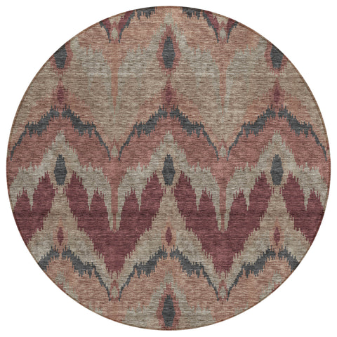 8' Burgundy Beige And Charcoal Round Ikat Washable Indoor Outdoor Area Rug