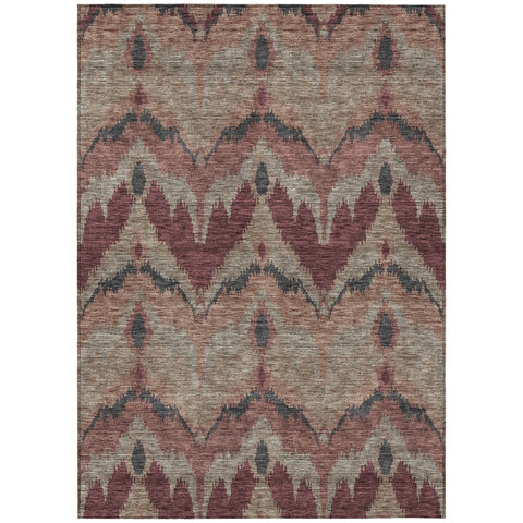 8' X 10' Burgundy Beige And Charcoal Ikat Washable Indoor Outdoor Area Rug