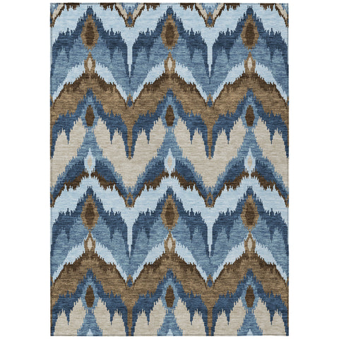 3' X 5' Denim Blue And Sky Blue Ikat Washable Indoor Outdoor Area Rug