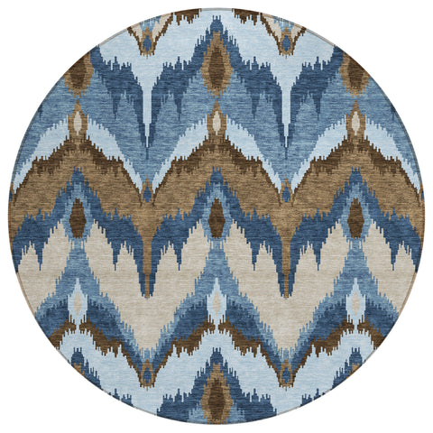 8' Denim Blue And Sky Blue Round Ikat Washable Indoor Outdoor Area Rug