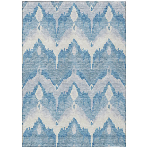5' X 8' Denim Blue Sky Blue And Ivory Ikat Washable Indoor Outdoor Area Rug