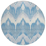 8' Denim Blue Sky Blue And Ivory Round Ikat Washable Indoor Outdoor Area Rug