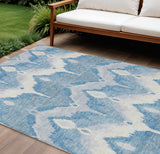 8' X 10' Denim Blue Sky Blue And Ivory Ikat Washable Indoor Outdoor Area Rug