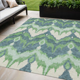 5' X 8' Green Ivory And Blue Ikat Washable Indoor Outdoor Area Rug