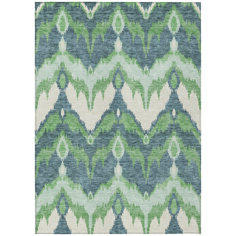 5' X 8' Green Ivory And Blue Ikat Washable Indoor Outdoor Area Rug