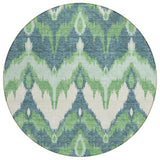 8' Green Ivory And Blue Round Ikat Washable Indoor Outdoor Area Rug
