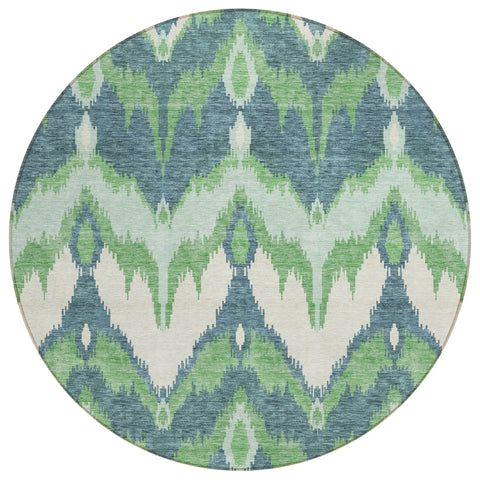 8' Green Ivory And Blue Round Ikat Washable Indoor Outdoor Area Rug