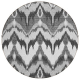 8' Gray Silver And Charcoal Round Ikat Washable Indoor Outdoor Area Rug