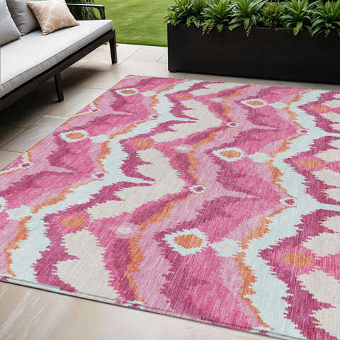 5' X 8' Pink Mauve And Orange Ikat Washable Indoor Outdoor Area Rug