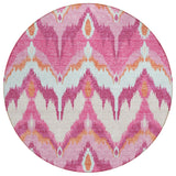 8' Pink Mauve And Orange Round Ikat Washable Indoor Outdoor Area Rug