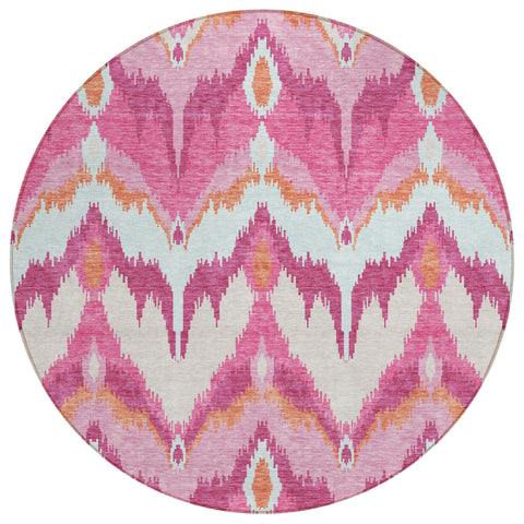 8' Pink Mauve And Orange Round Ikat Washable Indoor Outdoor Area Rug