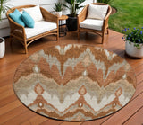 8' Orange Beige And Copper Round Ikat Washable Indoor Outdoor Area Rug